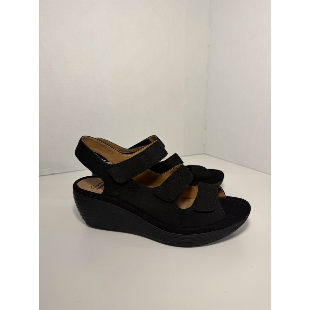 Clarks Collection Black Strappy Wedge Sandals Hook & Loop Women Size 8.5